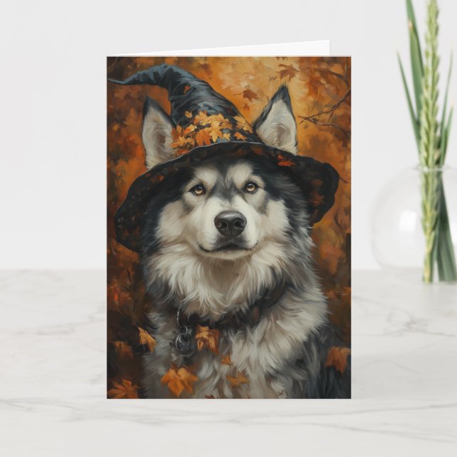 Malamute Witch Halloween Holiday Card (Front)