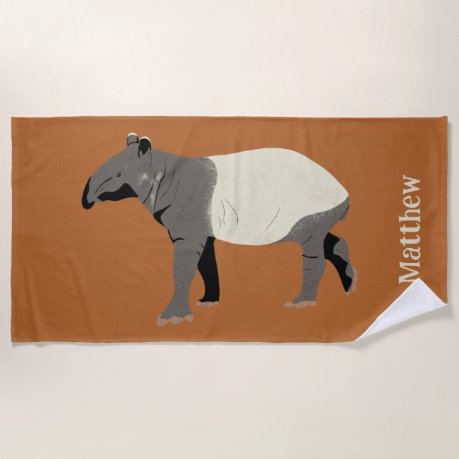 Malayan or Asian Tapir Illustration Personalised Beach Towel (Front)
