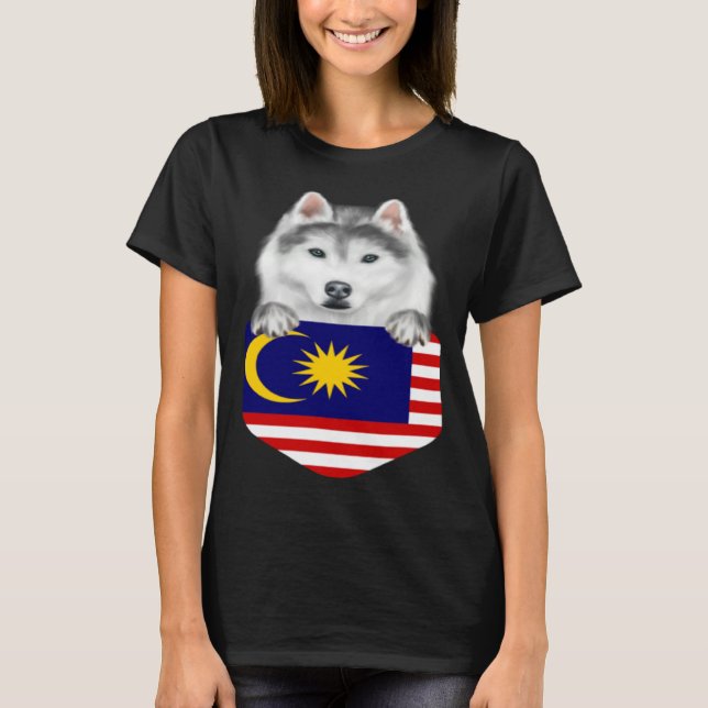 Malaysia Flag Siberian Husky Dog In Pocket T-Shirt (Front)