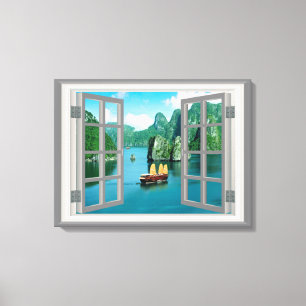 Malaysia Sailboat Ocean Mountains Faux Window Canvas Print