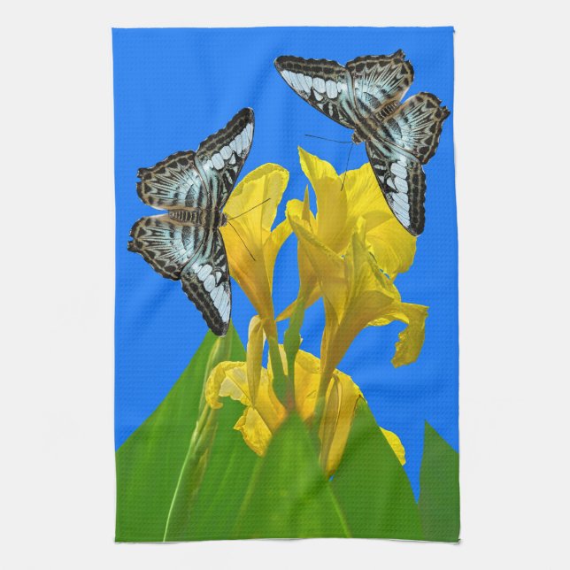 Malaysian blue clipper butterflies on Canna King  Tea Towel (Vertical)