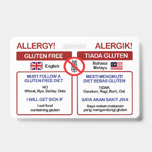 MALAYSIAN Gluten Free Travel Card   Allergy Badge ID Badge