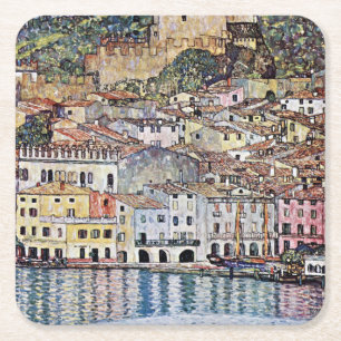 Malcesine at Lake Garda, Gustav Klimt Square Paper Coaster