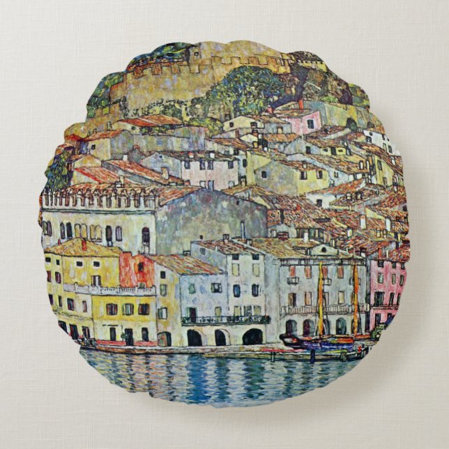 Malcesine on Lake Garda By Gustav Klimt Round Cushion (Front)