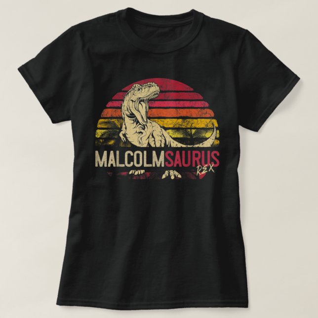 Malcolm Saurus Funny Personalised Dinosaur T Rex N T-Shirt (Design Front)