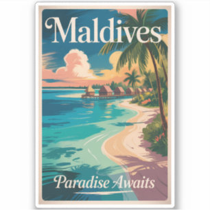 Maldives Beach Illustration Travel Art Vintage