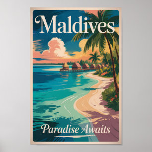 Maldives Beach Illustration Travel Art Vintage Poster