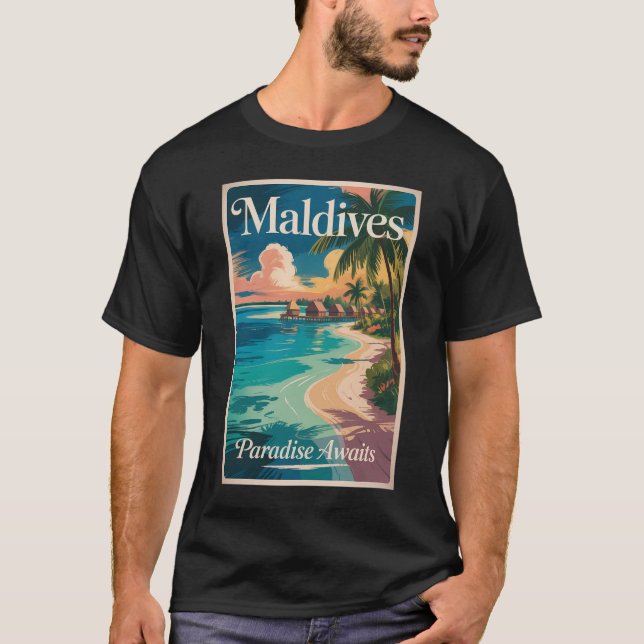 Maldives Beach Illustration Travel Art Vintage T-Shirt (Front)