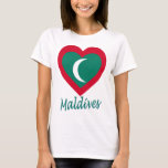 Maldives Flag Heart T-Shirt<br><div class="desc">The flag of the Maldive Islands rendered on a heart to show your love for the old country. 

When selecting this item on clothing,  please be aware that any white parts may not appear as white on lighter fabrics,  and dark fabrics should be chosen to contrast with the design.</div>