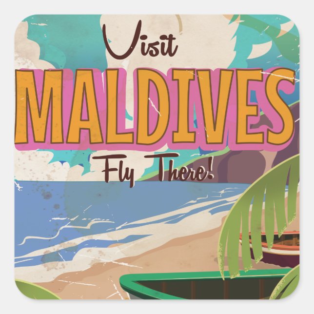 Maldives island vintage travel poster art. square sticker (Front)