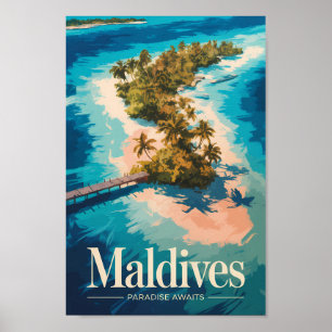 Maldives Landscape Illustration Travel Art Vintage Poster