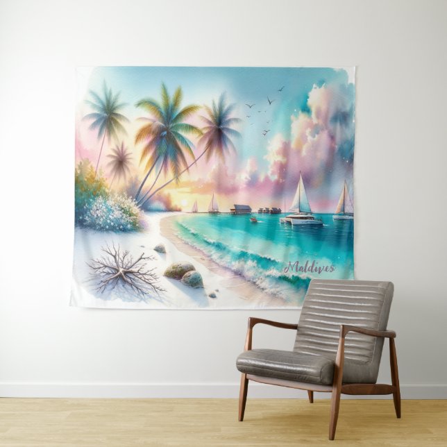 Maldives Luxury Sketch Watercolor  | Tapestry (In Situ (Horizontal))
