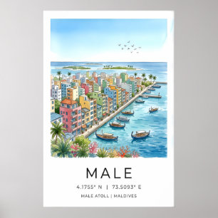 Maldives Travel Poster, Illustrated Cityscape Poster