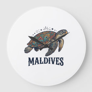 Maldives Vintage Sea Turtle Travel Shirt Design_1 Large Clock