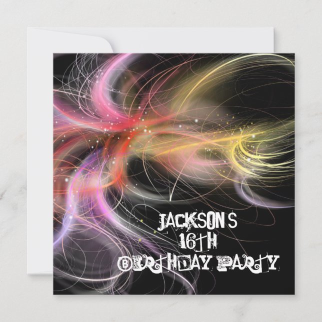 Male 16th Birthday Black Multi Colour Space Swirl Invitation (Front)