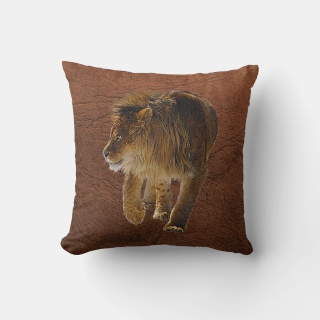 Male African Lion Big Cat & Faux Leather Cushion (Front)