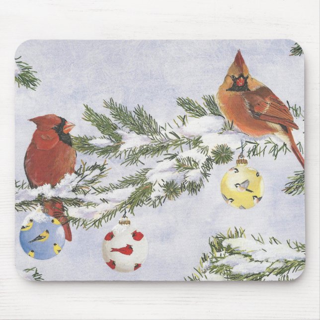 Male and Female Cardinals enjoy a winter sccene. Mouse Pad (Front)