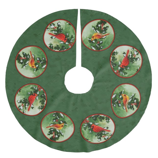 Male and Female Cardinals Green Brushed Polyester Tree Skirt (Front)