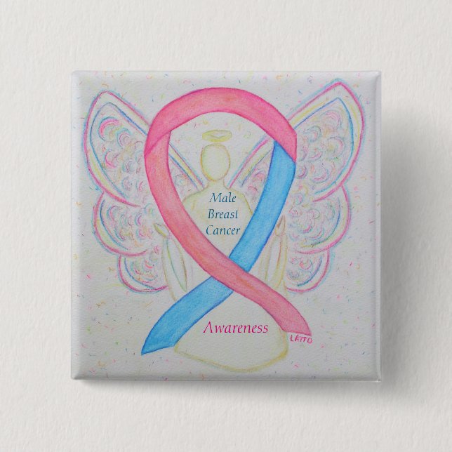 Male Breast Cancer Angel Pink Awareness Ribbon Pin (Front)