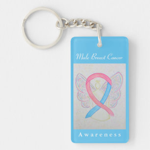 Male Breast Cancer Awareness Ribbon Angel Keychain