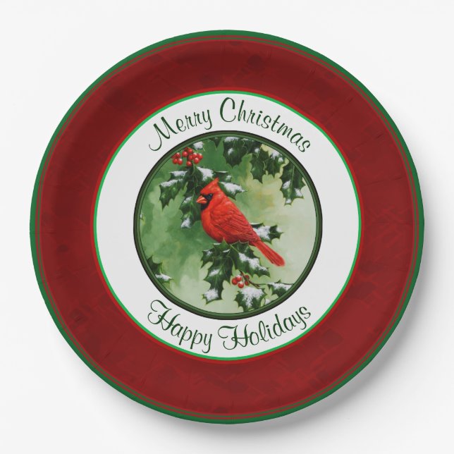Male Cardinal and Holly Branch Red Paper Plate (Front)