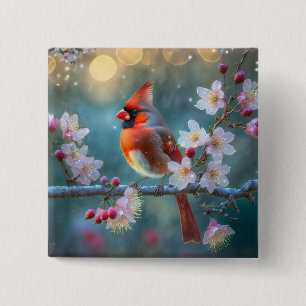 Male Cardinal in the Moonlight Cherry Blossoms 15 Cm Square Badge