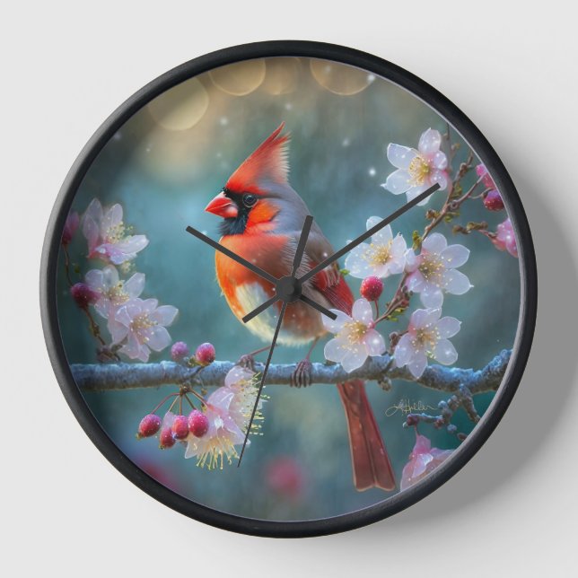 Male Cardinal in the Moonlight Cherry Blossoms Clock (Front)