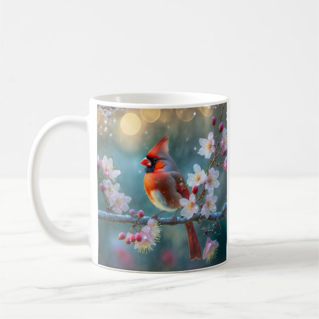 Male Cardinal in the Moonlight Cherry Blossoms Coffee Mug (Left)