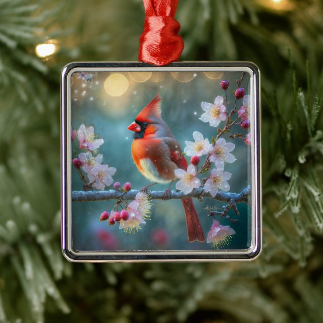 Male Cardinal in the Moonlight Cherry Blossoms Metal Ornament (Tree)