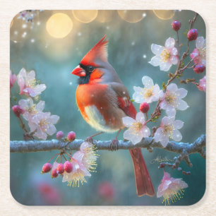 Male Cardinal in the Moonlight Cherry Blossoms Square Paper Coaster