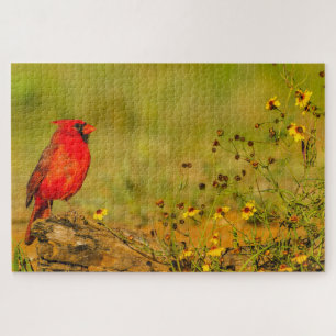 Male Cardinal on Log Jigsaw Puzzle