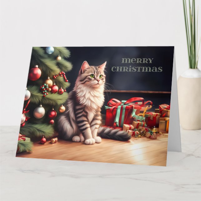 Male cat with Christmas tree Card (Front)