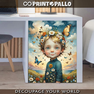 Male child with flowers and butterfly in spring tissue paper