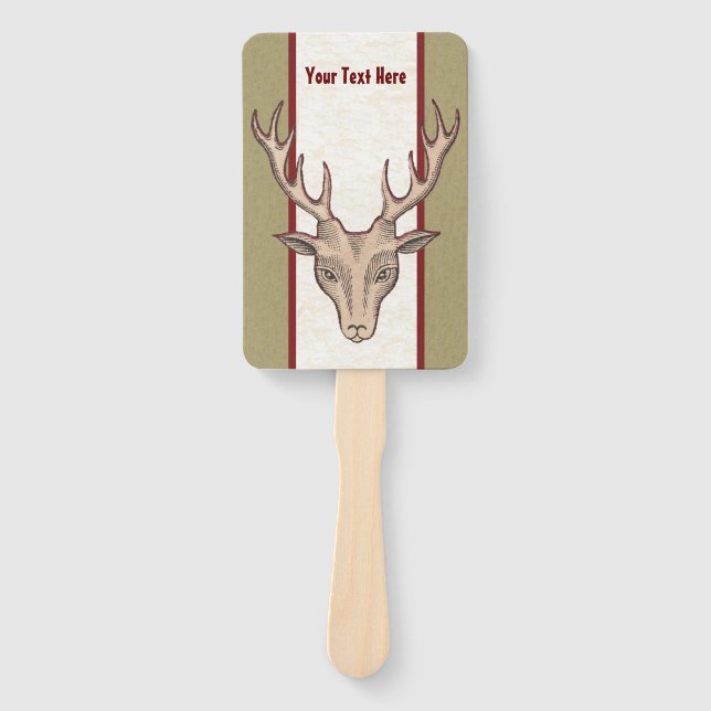 Male Deer Head Big Antlers Tan White Red Striped Hand Fan (Front)