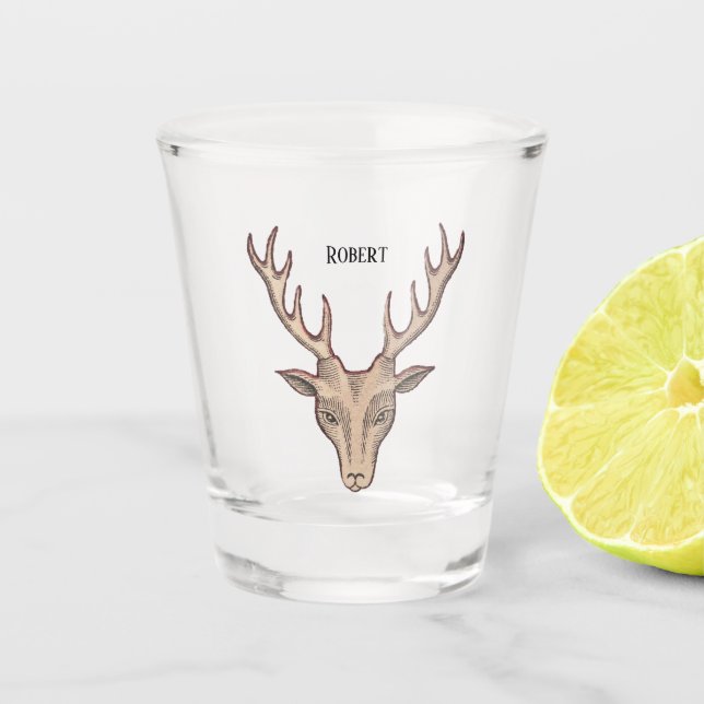Male Deer Head Black Etched Face Large Antlers Shot Glass (Front)