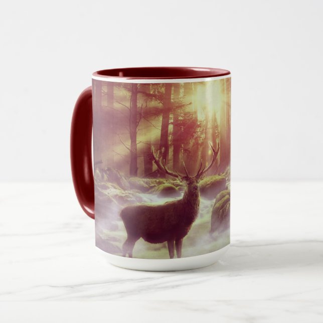 Male Deer in Misty Woods at Sunrise Golden Hour Mug (Front Left)