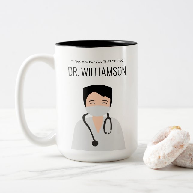 Male Doctor illustration Thank you Two-Tone Coffee Mug (With Donut)