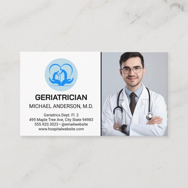 Male Doctor in Lab Coat | Geriatrician Business Card (Front)