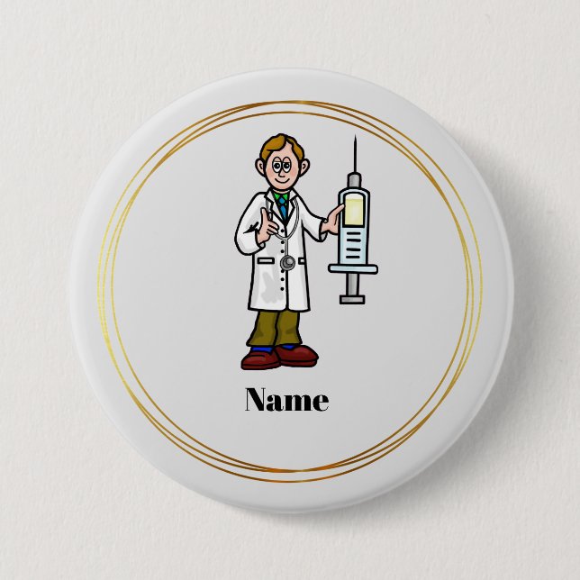Male Doctor with Giant Syringe Button (Front)