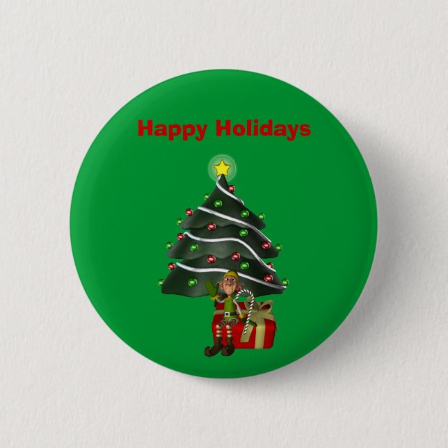 Male Elf Tree Present Christmas Holiday Button Pin (Front)