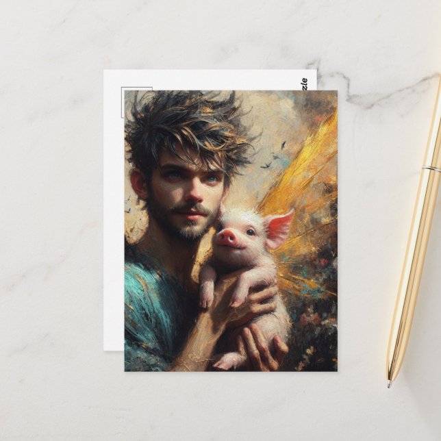 Male Fairy With Baby Pig Postcard (Front/Back In Situ)