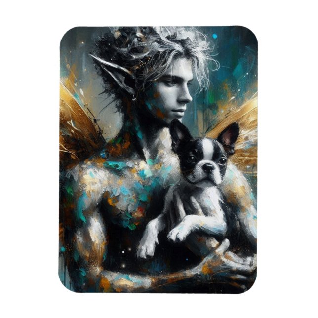 Male Fairy With Boston Terrier Puppy Magnet (Vertical)