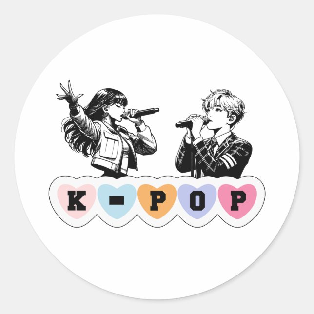 Male Female Idols Singing KPop Hearts Music Design Classic Round Sticker (Front)