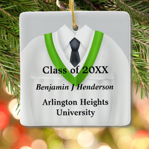 Male Grad Gown White and Green Ornament