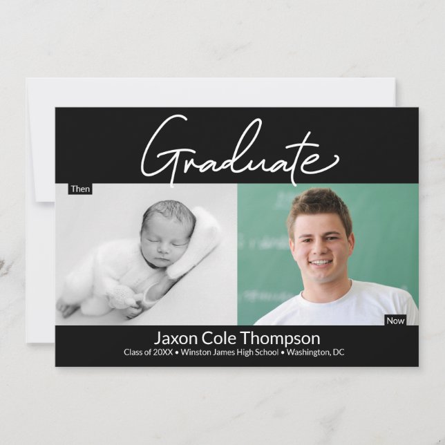 Male Graduate Then and Now high school Grad photo  Announcement (Front)