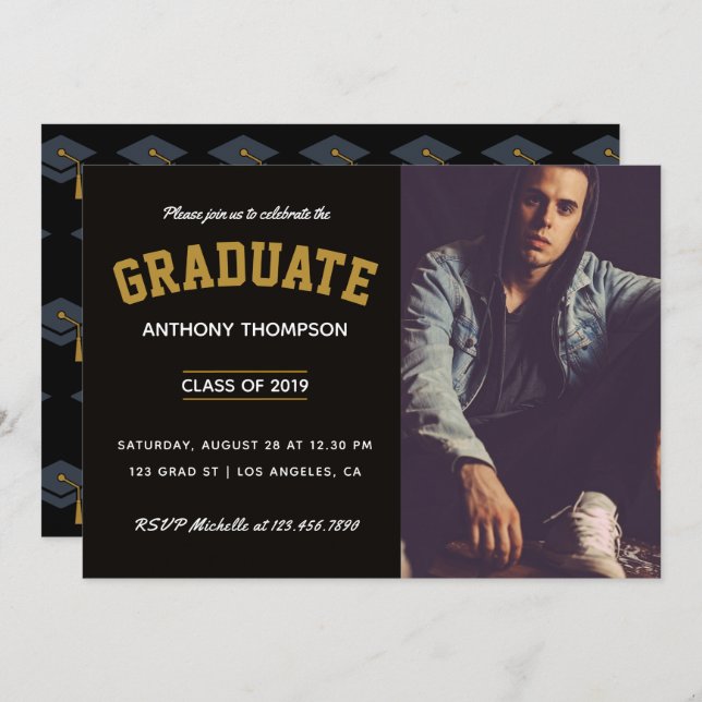 Male Graduation celebration party add photo Invitation (Front/Back)
