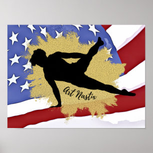 Male Gymnast Silhouette Art - American Flag Poster