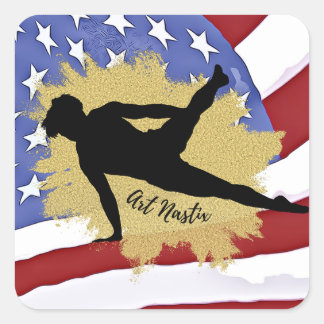 Male Gymnast Silhouette Art - American Flag Square Sticker