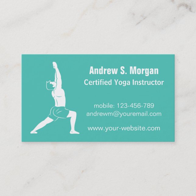Male Instructor Relaxing Green Yoga Business Card (Front)