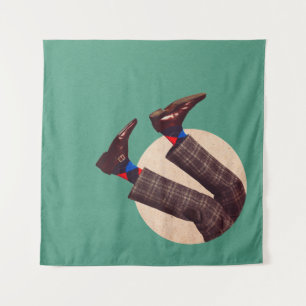 Male legs stacking in round on pastel geometrical  tapestry